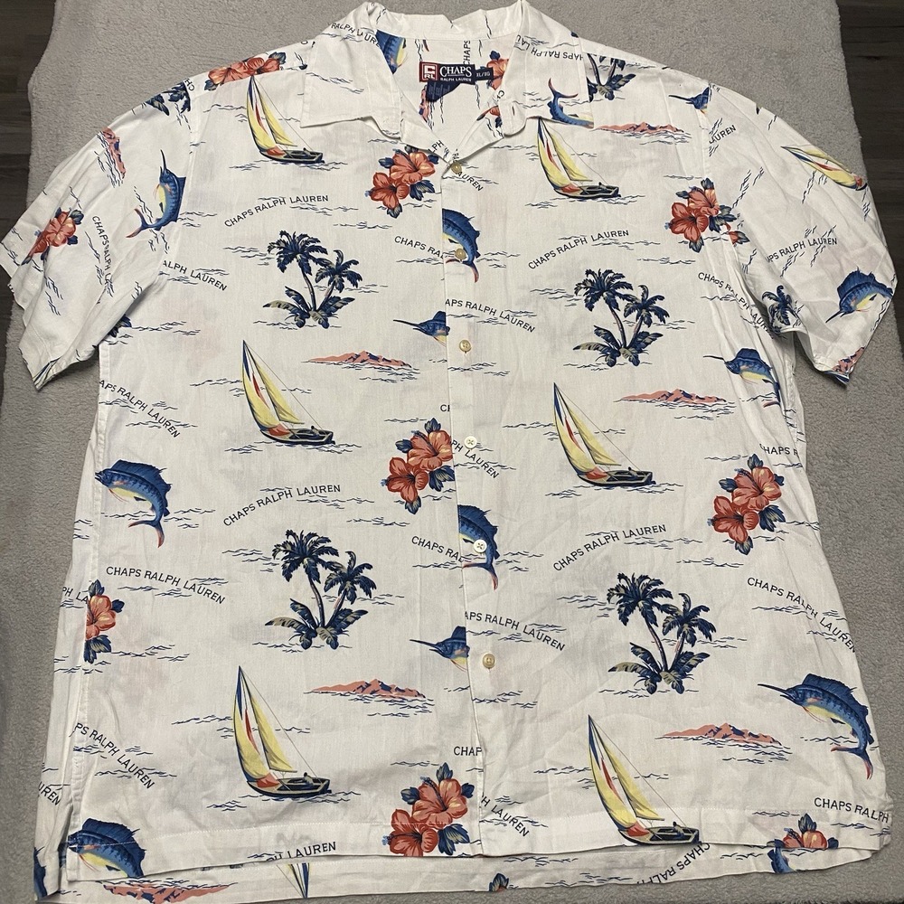 Chaps Ralph Lauren Shirt Mens XL All Over Print Sailing Fish Viscose Camp